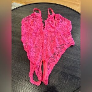 Pink Lace Crotchless Lingerie Bodysuit